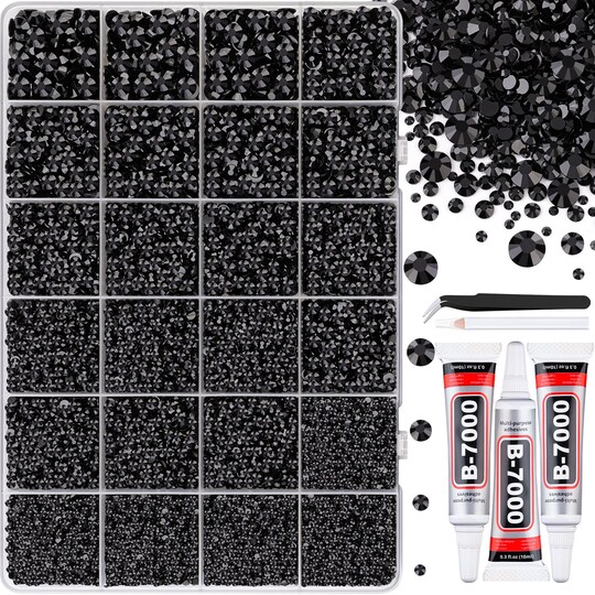 Citrus; 32000Pcs Black Rhinestones for Bedazzling, Flatback Resin Gems Crystal, Bedazzler Kit with 3Pcs 10ml B7000 Jewelry Glue and Tweezers for Makeup Crafting Nail Art; Category:Nail; Image:1